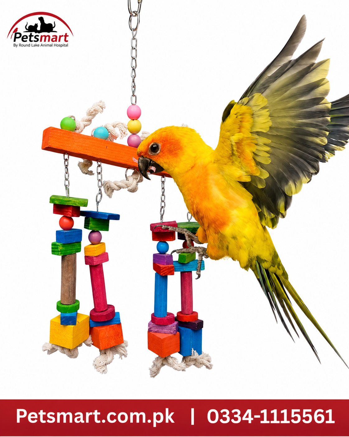 Hendrix large hanging wooden and rope bird toy with colourful blocks and metal chain
