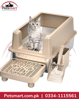  high-sided stainless steel cat litter box with grated step, scoop and side holder