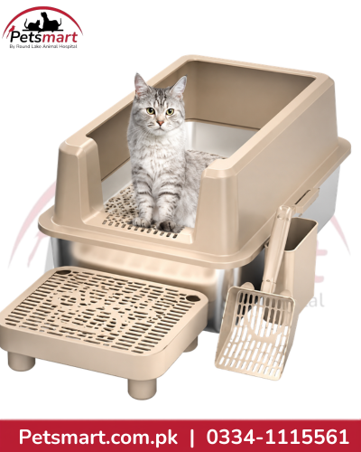  high-sided stainless steel cat litter box with grated step, scoop and side holder