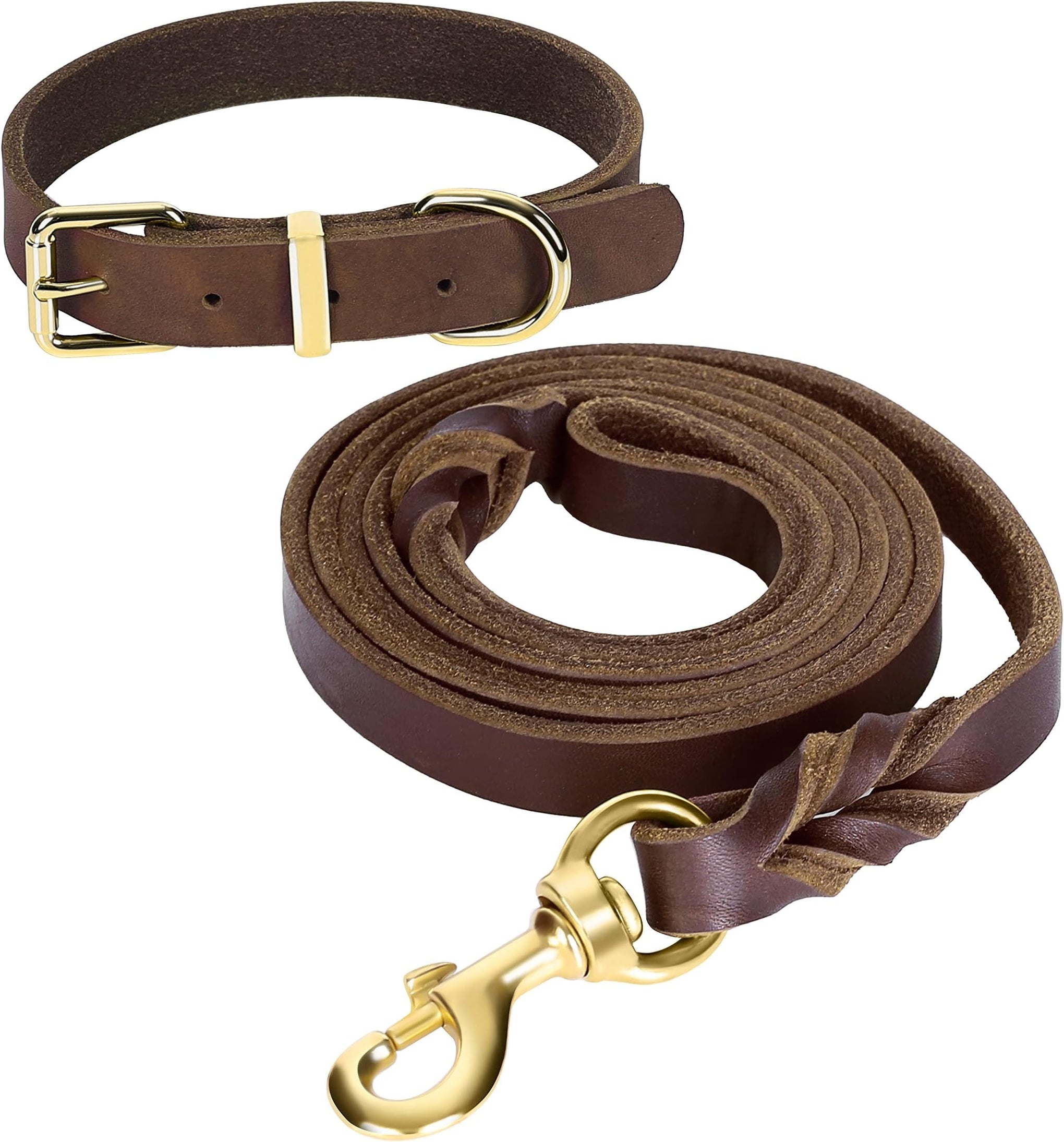 Round leather leash with collar set