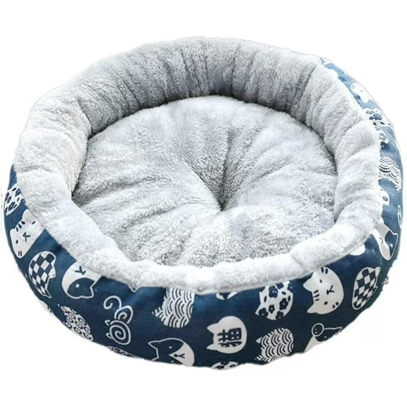 Medium Round Cushioned Pet Bed for Cats and Dogs – Blue & Grey