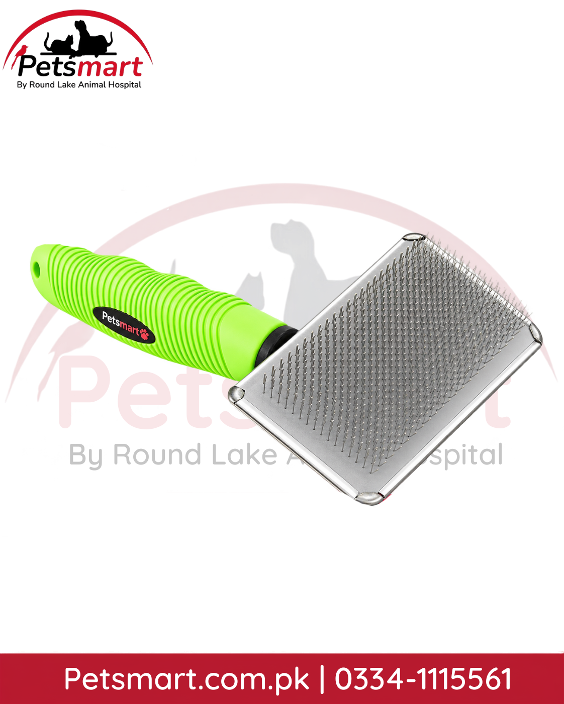 Imported green handle slicker grooming brush with fine metal pins for cats and dogs