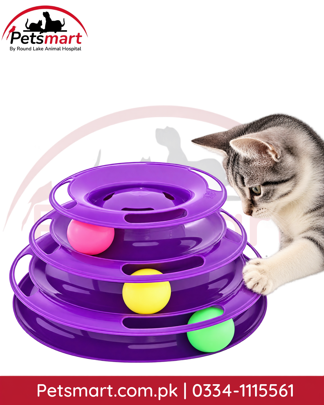 Purple interactive tumbler ball track toy for cats with colorful balls and multi-level circular tracks
