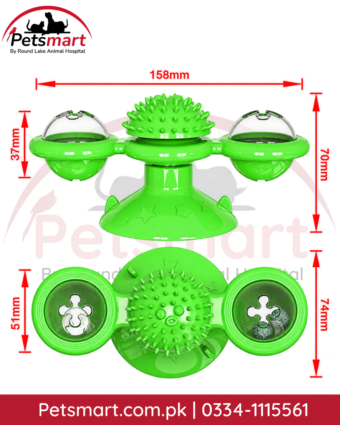 Interactive windmill cat toy dimensions showing 158mm width and 70mm height