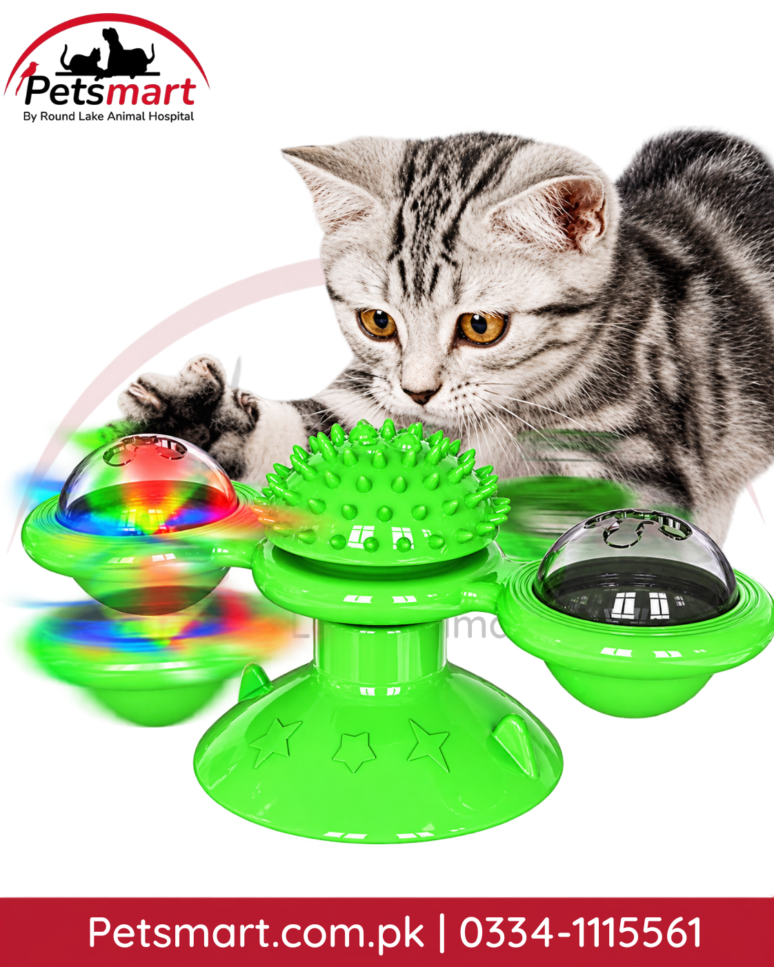 
Green interactive windmill cat toy with suction cup textured chew surface and two transparent ball chambers
