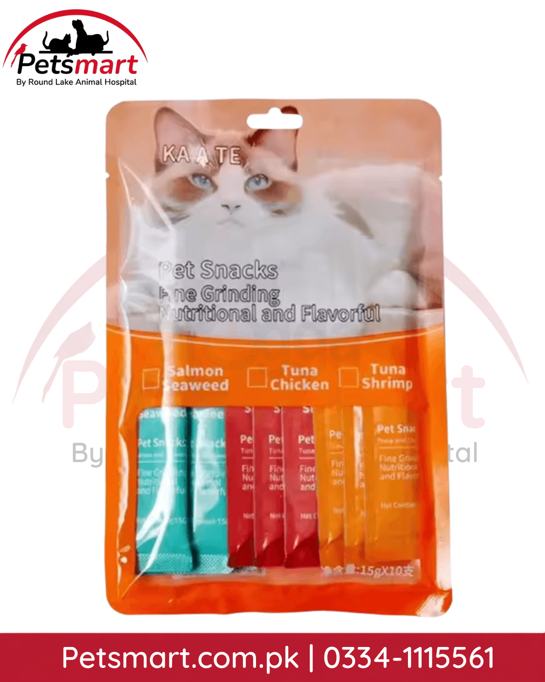 KAATE Mixed Fine Grinding Cat Snack Strips 150g with Tuna Shrimp, Tuna Chicken and Salmon Seaweed flavors
