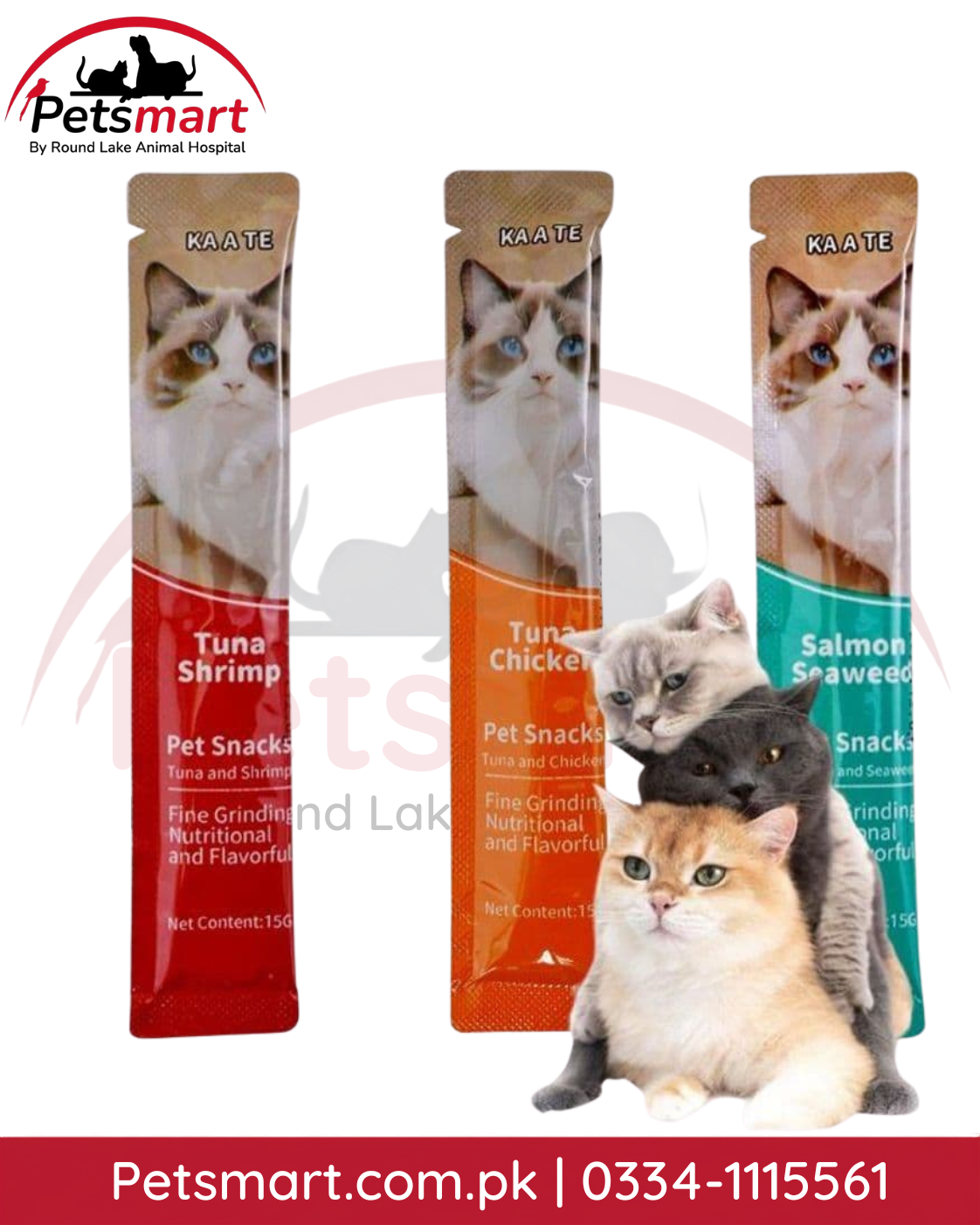 Three KAATE brand cat snack pouches shown against a white background, with three cats posed in front of them. The pouches are labeled Tuna Shrimp (red), Tuna Chicken (orange), and Salmon Seaweed (teal).