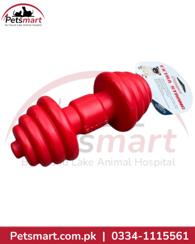 Red KONG rubber dumbbell dog toy with textured ridged ends