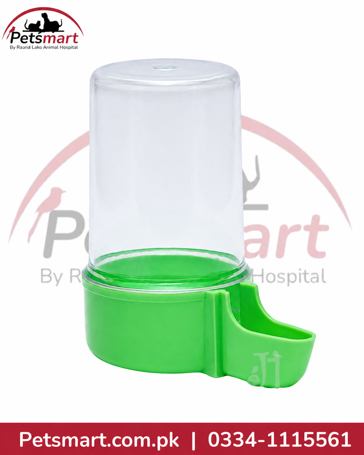 Large blue and white bird food and water dispenser for cage mounting