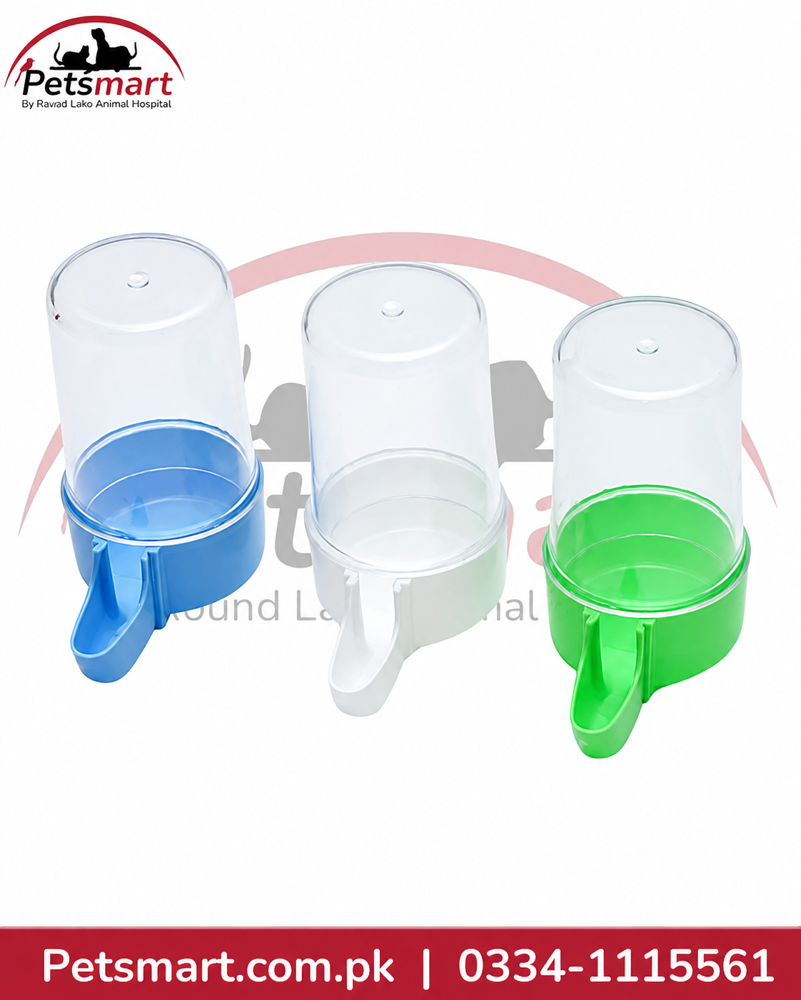 Large blue and white bird food and water dispenser for cage mounting