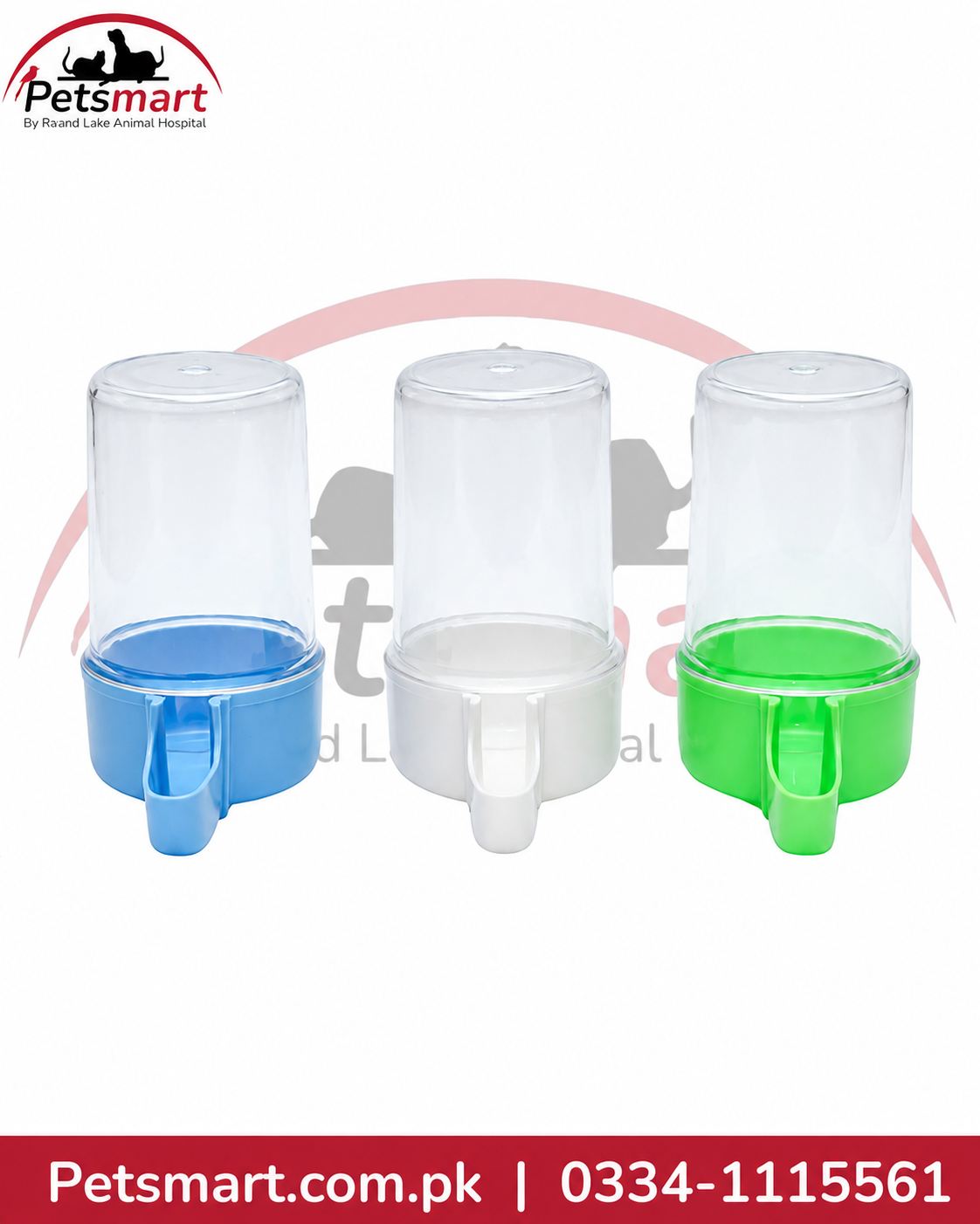 Three pet waterer components shown side by side on a white background, featuring clear plastic upper cylinders with blue, white, and green bases. The Petsmart logo is visible in the top left, and a red contact banner is at the bottom.