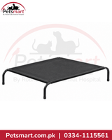 Large black elevated dog bed with rectangular platform and large dog resting on it