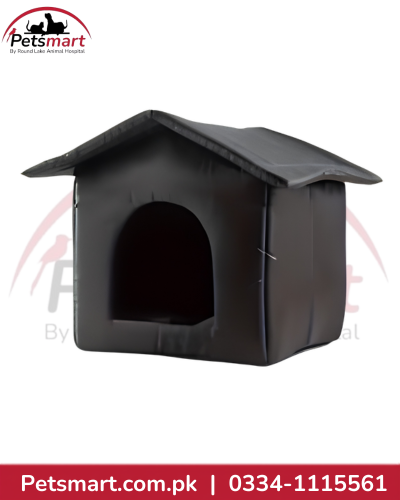 Large black indoor cat house size L with pitched roof and front entrance