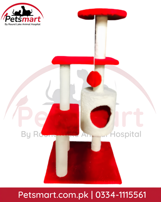Large red and cream cat scratcher tree with house platforms scratching posts and hanging ball