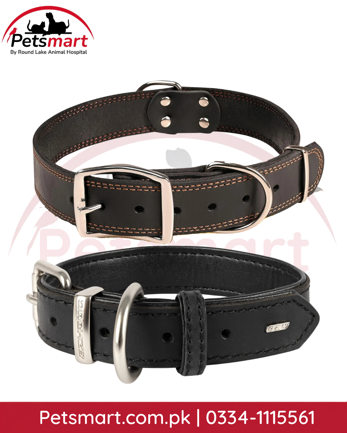 Large black leather dog collar with adjustable buckle and metal D-ring