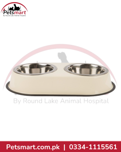 Large double stainless steel dog bowl set with two feeding bowls