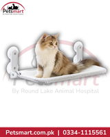 Large grey window hammock for cats with white suction-mounted support arms