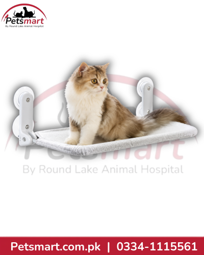 Large grey window hammock for cats with white suction-mounted support arms