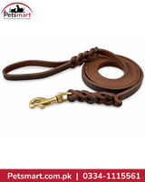 Large brown leather dog leash for German Shepherd with braided detail and gold-tone metal snap hook