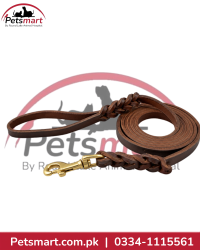 Large brown leather dog leash for German Shepherd with braided detail and gold-tone metal snap hook