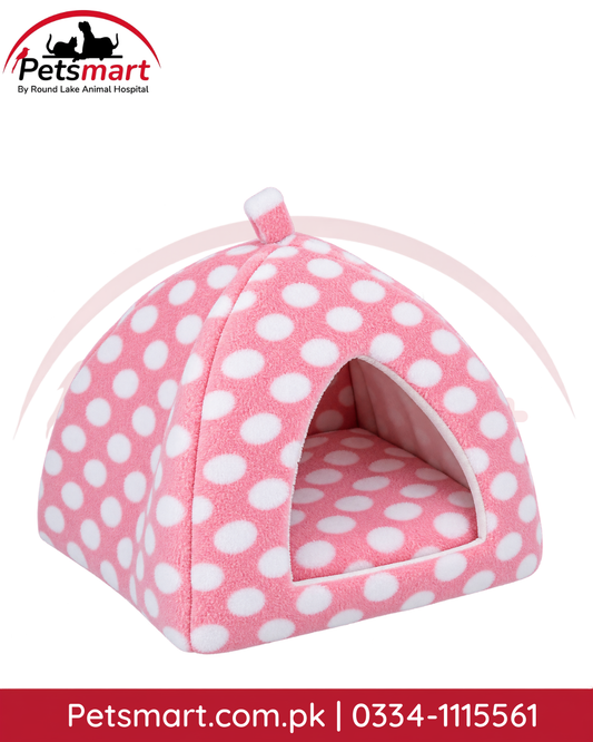 Large pink polka dot igloo pet bed for cats and dogs