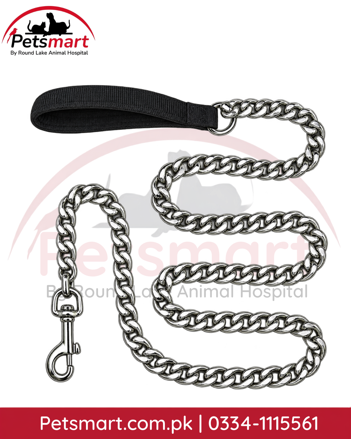 Large heavy-duty metal chain dog leash with black padded handle and secure snap hook