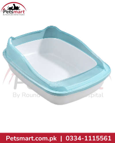 Large blue and white open cat litter tray measuring 56 by 38 by 20 cm