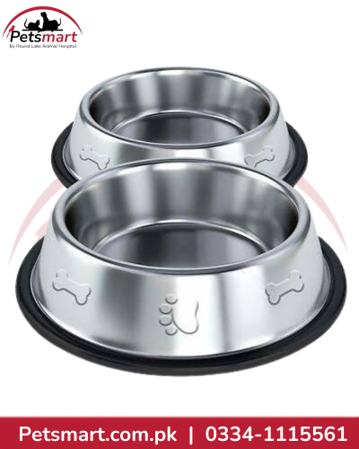 Large silver steel dog bowl with black base and paw-print detail