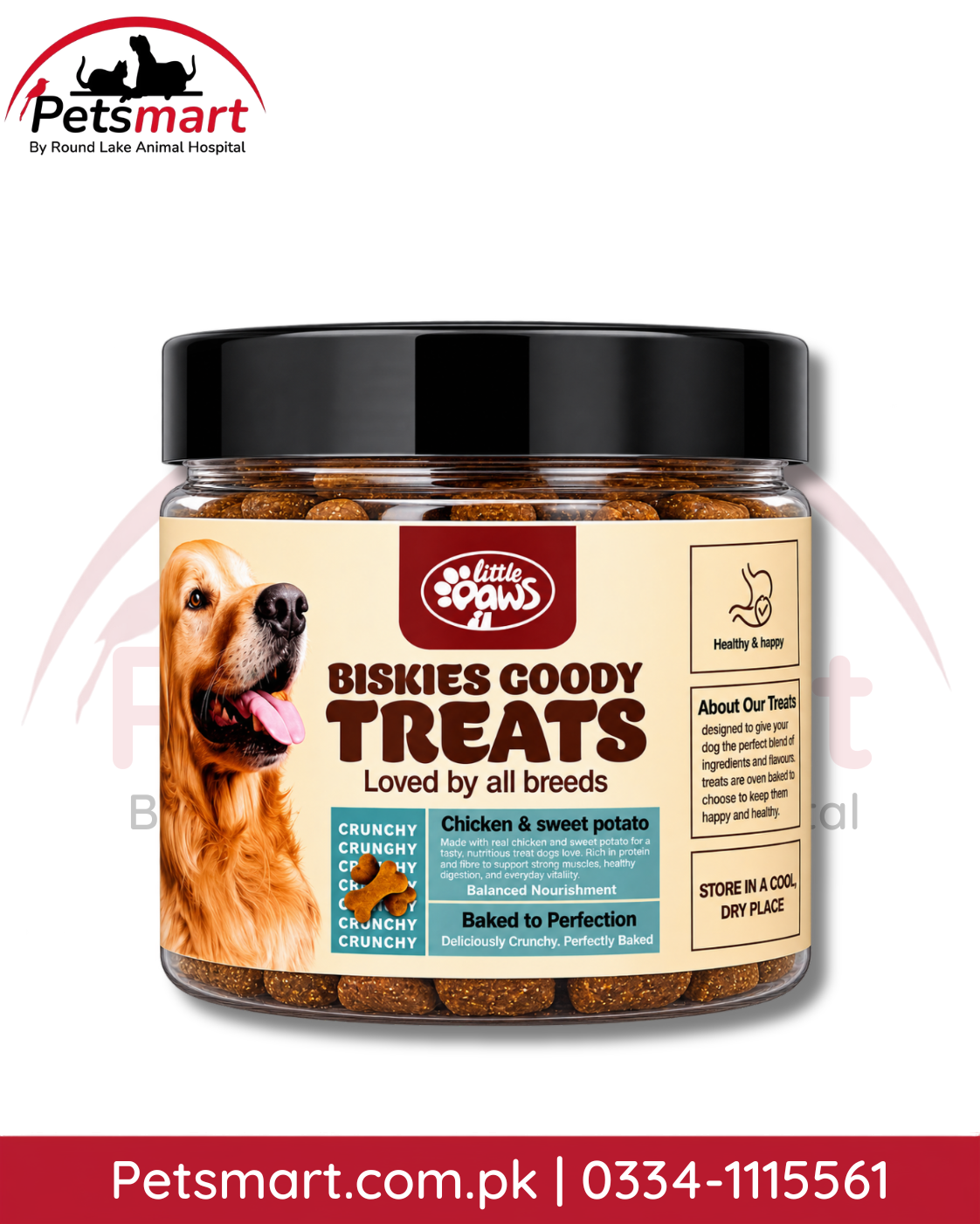 Little Paws Biskies Goody chicken and sweet potato crunchy dog treats 250g jar
