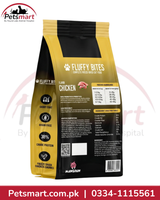 A bag of  Fluffy Bites Chicken freeze dried cat food, shown from the back side. The packaging is black and yellow with white text.