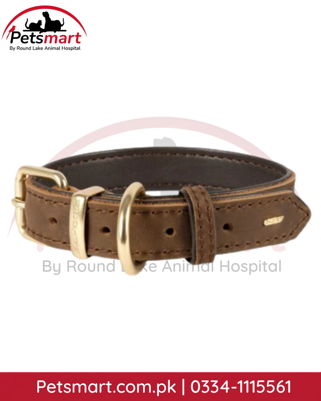 Medium brown leather style dog collar with metal buckle and D-ring