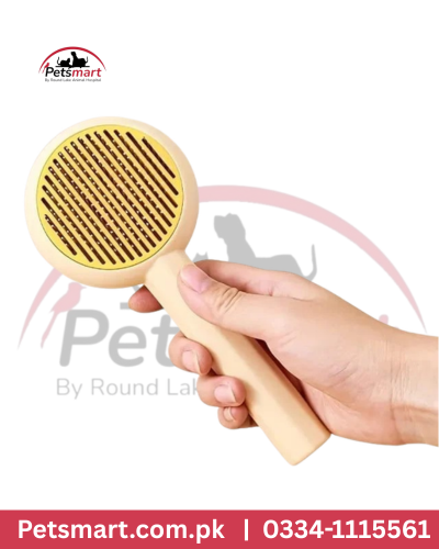 Medium beige button grooming brush with metal bristles for cats and dogs