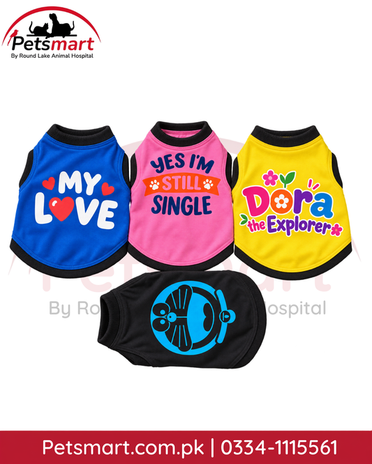 Medium cat dress and pet T-shirt in assorted colors and printed designs
