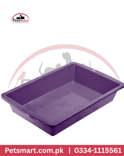 Purple pet litter tray with Petsmart logo and contact infMedium open plastic cat litter tray in assorted color

