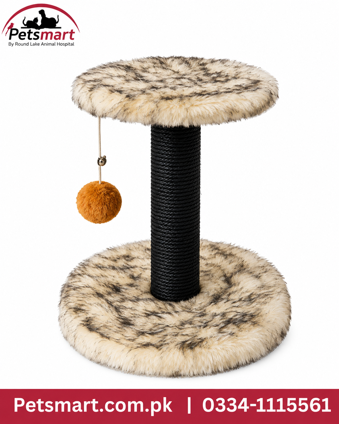 Medium cat scratcher with plush base elevated platform and hanging ball toy