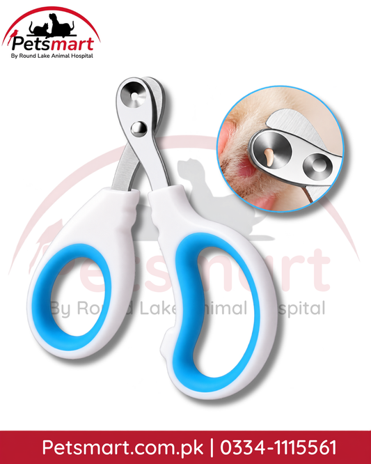 Medium white and blue pet nail cutter for cats and dogs with scissor grip