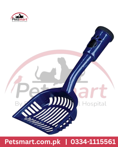 Medium blue slotted pet poop picker and cat litter cleaning scoop with long handle
