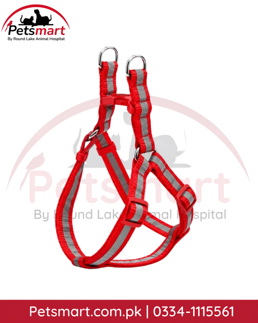 Medium red dog body harness with adjustable straps and metal attachment rings