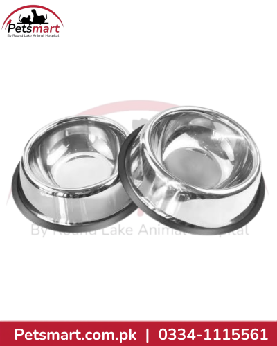 Medium silver steel dog bowl with black base and paw-print detail