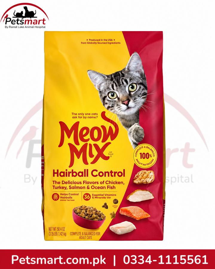 Meow Mix Hairball Control dry cat food 1.43kg for adult cats with turkey ocean fish salmon and chicken flavors