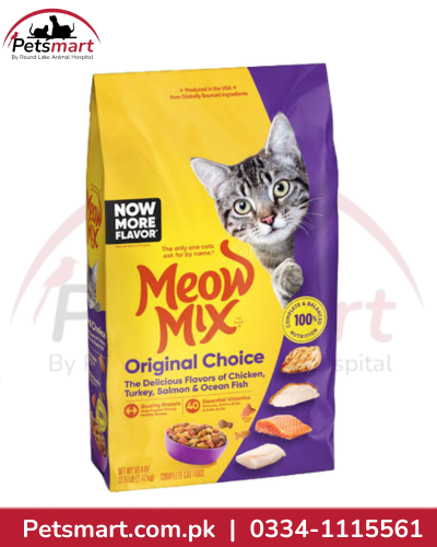 Meow Mix Original Choice guaranteed analysis showing 30 percent protein and 11 percent fat