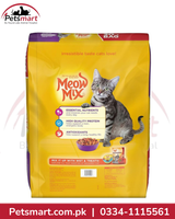 A bag of Meow Mix cat food in a bright yellow package with a photo of a gray tabby cat on the front. The Meow Mix logo is visible in red script, and a Petsmart logo appears in the top left corner.