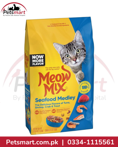 A bag of Meow Mix Seafood Medley cat food by Petsmart, featuring a yellow and blue package design with a tabby cat illustration and food pieces shown on the front.
