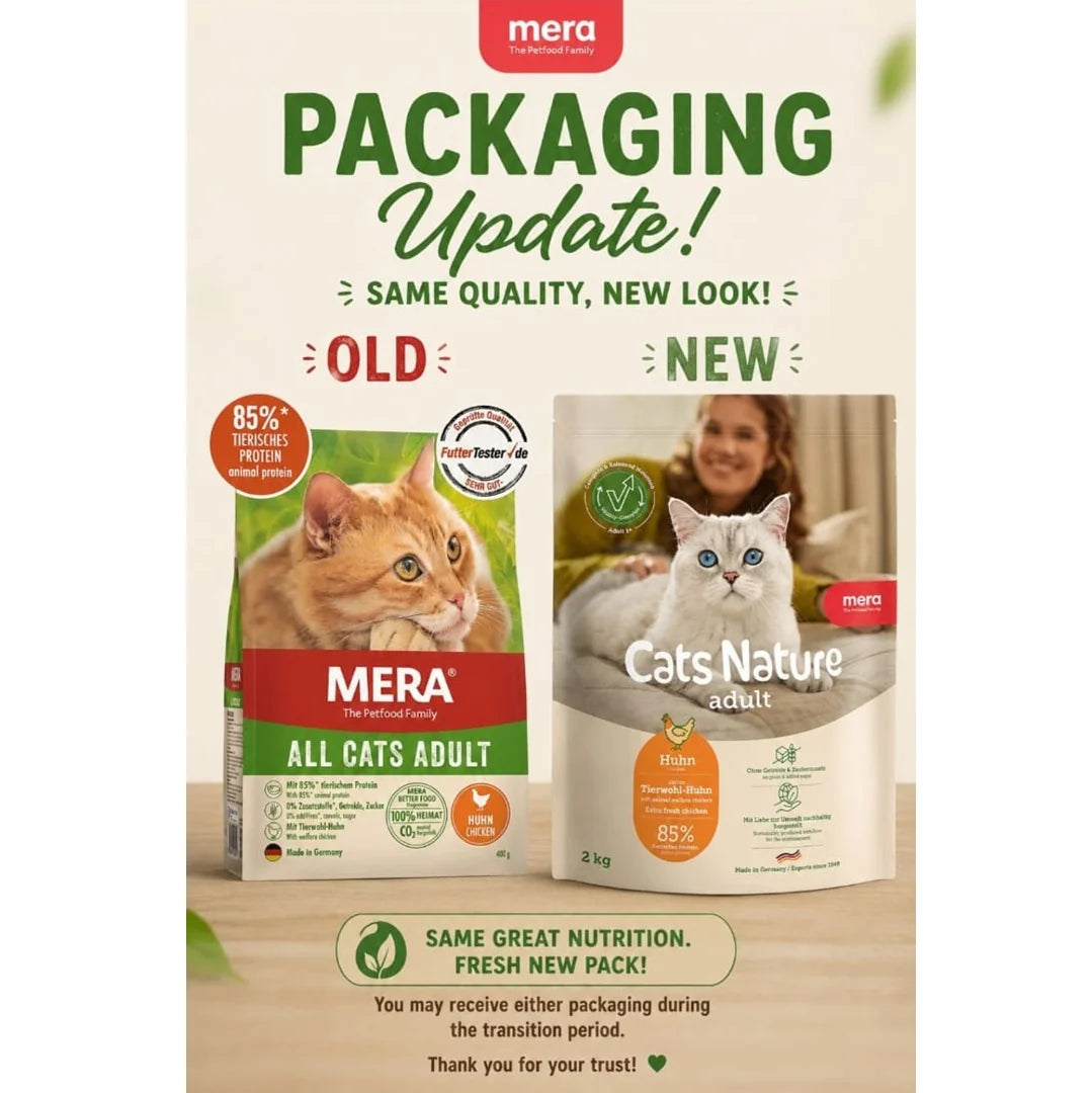 Mera All Cats Adult old packaging and Mera Cats Nature Adult Chicken updated packaging
