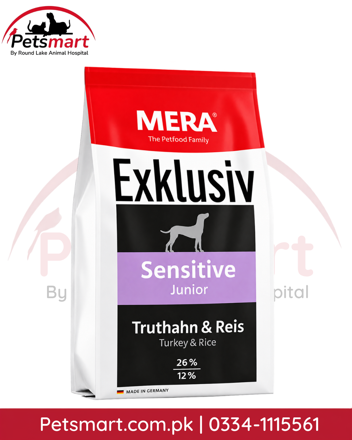 MERA Exklusiv Sensitive Junior Turkey and Rice puppy food 15kg with 26% protein and 12% fat