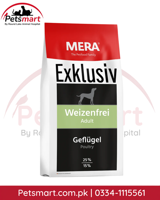 MERA Exklusiv wheat-free poultry adult dog food 15kg bag with 25% protein and 15% fat