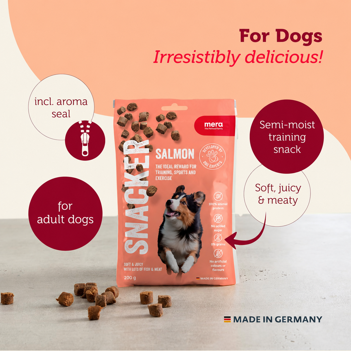 Mera Snacker Salmon Soft Dog Treats 200g with 100 percent animal-origin protein content
