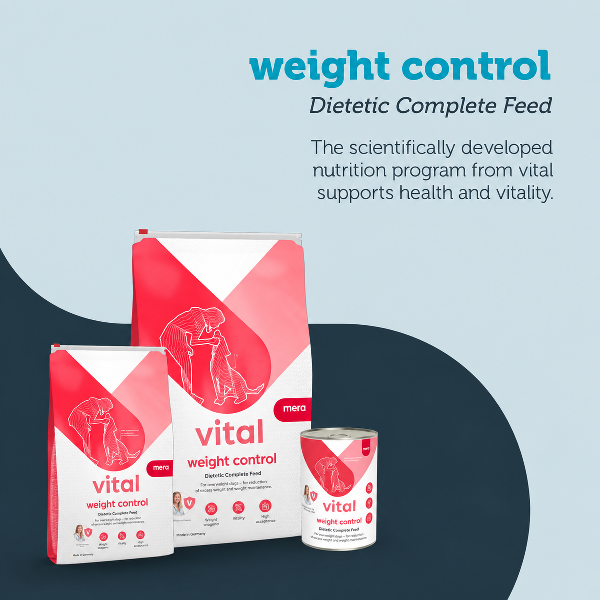 Mera Vital Weight Control dietetic dog food range with wet and dry food