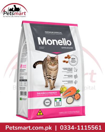 Monello Adult Salmon and Chicken cat food with urinary dental skin coat and Omega support