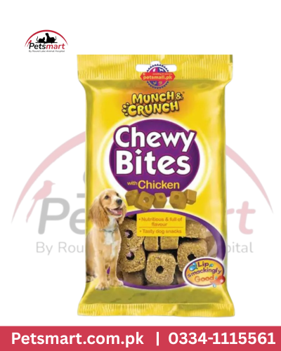 Munch and Crunch Chewy Bites with Chicken dog treats 170g yellow pack